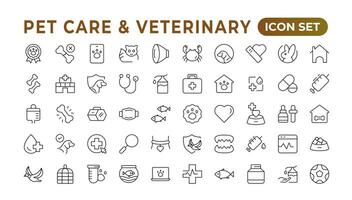 Set of line icons related to pet, care, veterinary, vet, and healthcare. Outline icon collection. Set of outline veterinarian icons. Animals veterinary icons.Pet and Vet Line Icon Set. vector