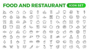 Food icon collection. Containing meal, restaurant, dishes, and fruit icons. Set of outline icons related to food and drink. Linear icon collection. Outline icons such as drink water,apple leaf,pack. vector