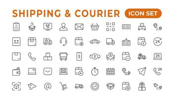 Delivery icons set. Collection of simple linear web such as Shipping By Sea Air,Date, Courier,  Return Search,Parcel, Fast Shipping. service icon Contains order tracking, courier, and cargo icons. vector