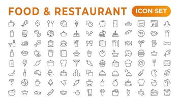 Food icon collection. Containing meal, restaurant, dishes, and fruit icons. Set of outline icons related to food and drink. Linear icon collection. Outline icons such as drink water,apple leaf,pack. vector