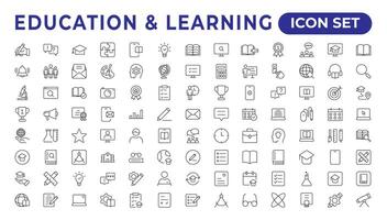 Education line icon collection.Contains knowledge, college, task list, design, training, idea, teacher, file, graduation hat, institute, ruler,and telescope.Education set of web icons in style. vector