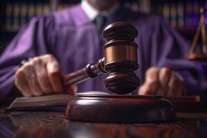 AI Generated Law, judge and closeup of lawyer with gavel for justice, court hearing and legal trial for magistrate. Government, attorney career and zoom of desk for investigation, criminal case and photo
