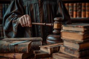 AI Generated Law, judge and closeup of lawyer with gavel for justice, court hearing and legal trial for magistrate. Government, attorney career and zoom of desk for investigation, criminal case and photo