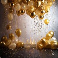 Gold and white balloons with gold confetti falling down over black background. New Year, birthday or wedding celebration generated.AI photo