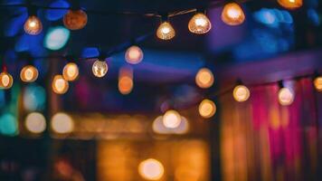 DDefocused restaurant with outdoor string lights on a blurred background photo