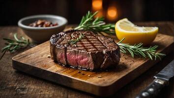 Well-grilled juicy beef steak with spices and herbs photo