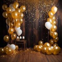 Gold and white balloons with gold confetti falling down over black background. New Year, birthday or wedding celebration generated.AI photo