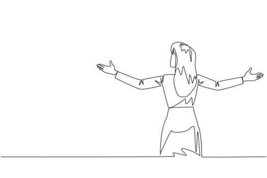 Single continuous line drawing rear view of businesswoman speaking at the podium while opening hands. Style like successful motivator. Invite to increase business. One line design vector illustration