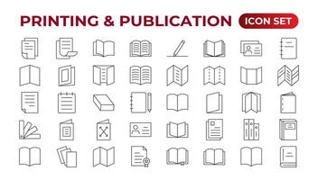 Printing and Publication icon set. Flyer Brochure line icon set. letterhead, booklet, leaflet, corporate catalog, and envelope icon set. Outline iconcollection. vector