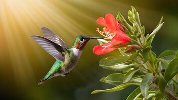 AI generated Ruby topaz chrysolampis hummingbird under monkeybrush flower, golden sunlight photo