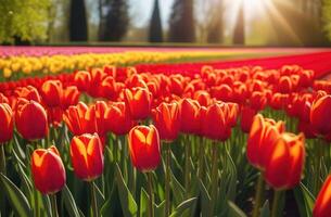 Red tulips blooming flowers field sunny day gark farm garden holland coumtryside landscape horizon photo