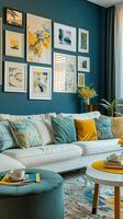 un acogedor y elegante vivo habitación con moderno decoración en amarillo y azul colores foto