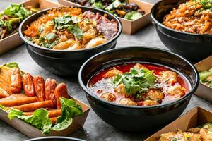 Chongqing Spicy Wonton Soup, Kelp salad, Cold cloud fungus, Bashu shredded chicken, cold noodles, Cucumber with sesame sauce served in dish isolated on wooden table side view of hong kong fast food photo