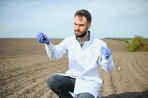 Agronomist studying samples of soil in field photo