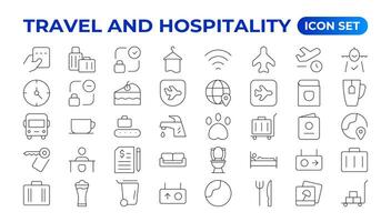 Set of outline icons related to the hospitality industry. Editable stroke. Vector illustration.Travel set. Summer vacations and holiday symbol vector illustration. traveling tourism elements.