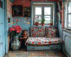 AI Generated Traditional Russian dacha with folk art and a samovar photo