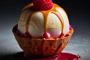 postre con fresas y vinella hielo crema y cremoso Leche y Rosa jarabe foto