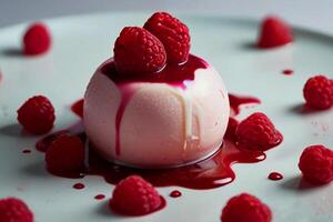 Dessert with strawberries and vinella ice cream and creamy milk and rose syrup photo