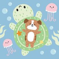 Cute dog soft hair lay on big turtle with jellyfiish in the sea background.Sea life and pet animal character cartoon design.Marine.Ocean.Summer.Kawaii.Vector.Illustration. vector