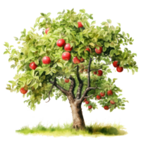 A richly detailed watercolor painting of a fruit-laden apple tree. png