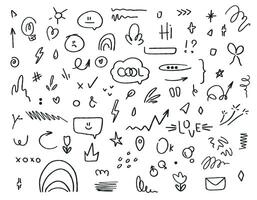 Set of simple hand drawn elements in doodle style. Thumbnail underline, emphasis, tooltips, icons, arrows and shapes. Vector illustration isolated on white background.