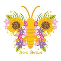 linda mariposa flor ala dibujos animados mano dibujado con texto en blanco fondo.pensar positivo lema.primavera.naturaleza.imagen.floral para tarjeta,póster,stieker,logo.kawaii.vector.ilustracion. vector