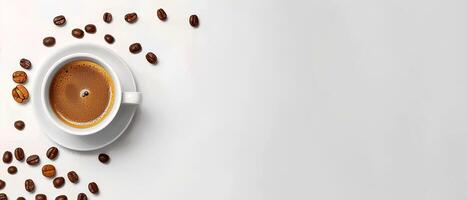 AI generated Minimalistic background with coffee beans and a cup of hot espresso, white space for text or design on the left side, top view.style. White empty space for an advertising banner photo
