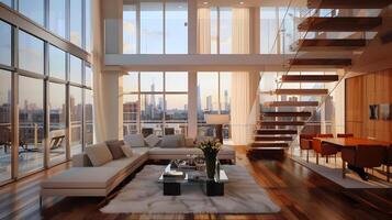 Ultraluxe Apartment Interior in New York Basking in Sunlight and City Views through Floor-to-Ceiling Windows photo