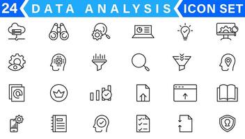 Data analysis line icons set. Analytics, server, mining, data filter, traffic, AI, hosting, monitoring. Statistics and analytics outline icons collection vector