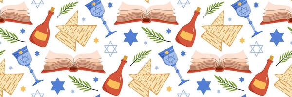 Happy Passover celebration seamless pattern. Jewish holiday Pesach background. Traditional icon matzah, wine, torus, Star of David, Elijahs Cup. For wallpaper, invitation. flat illustration. vector