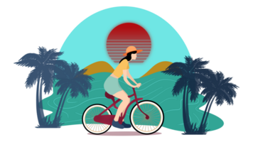 Girl cycling on road animation, cycling character full length, bicycle travel transport,Tourist young woman cycling down the street, Active urban, Cycling by the beach png