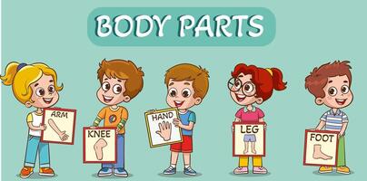 little kids holding cards about 5 senses.little children showing parts of the body vector