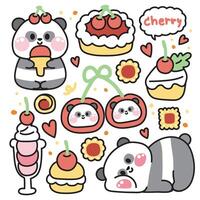 Set of cute panda bear various poses in cherry bakery concept.Chinese wild animal character cartoon design.Ice cream,cake,cookies,pie,heart,fruit drawn collection.Kawaii.Illustration vector