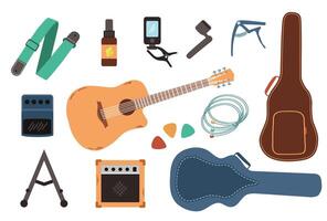 Acoustic guitar and accessories. Big set - capo, case, belt, picks, strings. Illustrations in flat style. vector