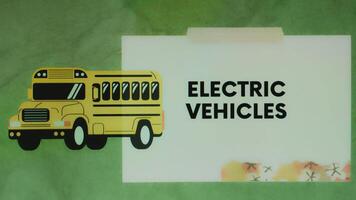 Electric Vehicles inscription on green background with yellow bus illustration. Graphic presentation. Transportation concept video