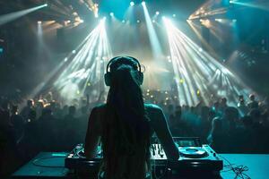 Female DJ on a big rave playing for a big crowd of party people, ravers dancing, big laser show photo