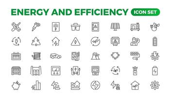 Set of Energyand Ecology line icons set. outline with editable stroke collection. Includes Eco Home, Nuclear Energy, Power Plant, Solar Energy.Simple set about energy efficiency and saving. vector