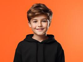 a young boy wear white t shirt mockup on orange clean background photo