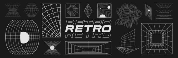 conjunto de retrofuturista diseño elementos, perspectiva rejillas, túnel, retro título, polar red, agujero negro, bipiramida, circulo portal, gravedad visualización. cyberpunk Años 80 estilo. vector