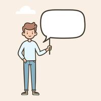 A cartoon style character stands holding a blank speech bubble, symbolizing social media, chat, conversation, and contact. vector