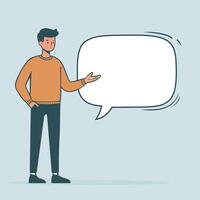 A cartoon style character stands holding a blank speech bubble, symbolizing social media, chat, conversation, and contact. vector