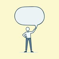 A cartoon style character stands holding a blank speech bubble, symbolizing social media, chat, conversation, and contact. vector