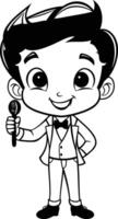 cute boy with microphone icon over white background. black and white design vector