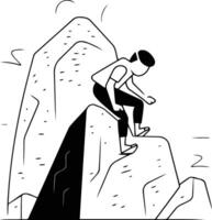 Climber on the cliff in thin line style. vector