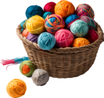 a basket overflowing with colorful yarn balls. Ai-generated. png