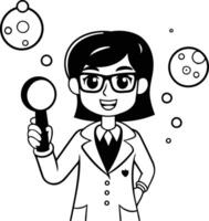 científico niña con aumentador vaso en dibujos animados estilo vector