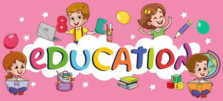 Happy Cute Cartoon School Children.Happy Kids Studying And Learning vector