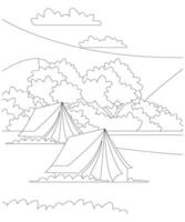 Unique Camping coloring page for kids and adults. camping coloring book page for children. vector