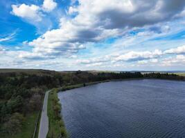 High Angle View of Most Beautiful British Landscape at Redmires Water Reservoirs over Hills of Sheffield City of England United Kingdom, April 30th, 2024 photo