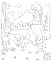 Unique Camping coloring page for kids and adults. camping coloring book page for children. vector